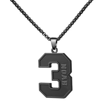 Imagem de Ldurian Colar com nome de número personalizado, pingente de corrente de número esportivo para homens, colares de nome de atletas personalizados 00-99 preto presente de aço inoxidável para homens