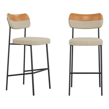 Imagem de Kit 02 Banquetas Altas Cozinha Lila Estofada Com Encosto Couríssimo Whisky Linho Bege - Abmaza