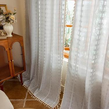 Imagem de Cortinas cinza claro Boho 244 cm conjunto de 2 painéis para sala de estar, sala de jantar, do chão ao teto, borlas de filtragem de luz, privacidade, país, vintage, bordado, boêmio, listras, tratamento