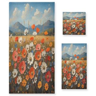 Imagem de ATTX Conjunto de toalhas de banho com pintura a óleo vintage de flores silvestres de 3 peças - Ultra macio e de secagem rápida, toalhas de mão absorventes de grau de hotel e spa para banheiro #47