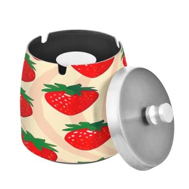 Imagem de Blueangle Cinzeiro padrão morango com tampa para cigarros, à prova de vento/chuva, aço inoxidável, sem fumaça, inodoro, cinzeiro para uso interno ou externo (90)