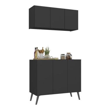 Imagem de Kit Armário De Cozinha Aéreo E Balcão 3 Portas Retrô Multimóveis Mp2168 Preto Preto
