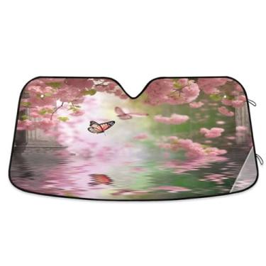 Imagem de ATTX Para-brisa de carro borboleta e flores 139.7 cm x 70.1 cm escudo solar universal com proteção UV, persiana de janela frontal automática dobrável para caminhões Sedans SUVs #719
