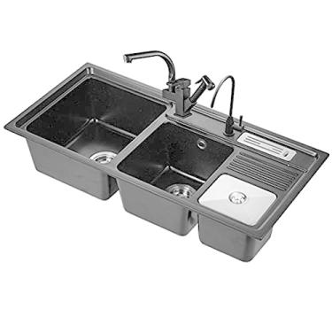 Imagem de HGTRH Pia de cozinha com torneira, pia embutida para cozinha para montagem na superfície superior e plana, inclui dispensador de sabão, conjunto de drenagem pia de granito 92 x 45 cm preto