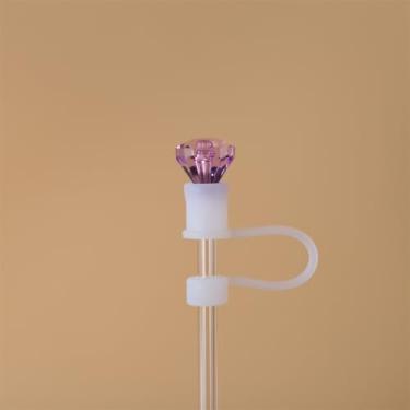 Imagem de Capas de palha, 10 mm Stanley Straw Topper Diamond Designs Pontas de rolhas com alça para garrafa de água 30 e copos de 1,134 g acessórios tampas reutilizáveis de silicone (roxo)