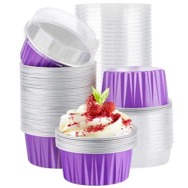 Imagem de EUSOAR Creme Brulee Ramekins descartáveis, 60 peças de forros de cupcake de lavanda de 142 g, mini formas de bolo com tampas, formas de pão de bolo pequenas, recipientes de sobremesa, copos de assar