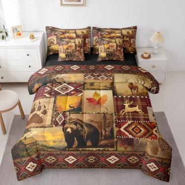 Imagem de Erosebridal Jogo de cama rústico vintage, solteiro, chalé, urso, veado, 7 peças, para crianças, meninas, folha de ácer, retrô, pinheiros, lençol com elástico