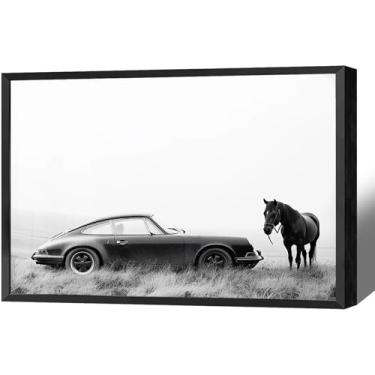 Imagem de Pôster de Supercarro e Cavalo Retrô Carro Esportivo Arte de Parede Minimalista Preto e Branco Fotografia Amante Carros Impressão Estética Pintura para Sala de Estar Quarto Apartamento Decoração de