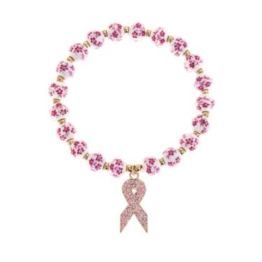Imagem de Pulseiras de câncer de mama pulseiras de pingente de fita rosa pulseiras elásticas com contas de flores acessórios de conscientização do câncer presente de cuidados, One Size, Liga de aço, Sem Pedra