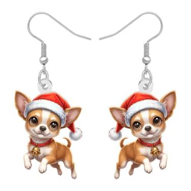 Imagem de DALANE Chapéu de Natal de acrílico, chihuahua, brincos pendurados para cachorros, animais de estimação, joias de Natal, presentes de Natal para amantes de cães, mulheres, lembrancinhas de festa