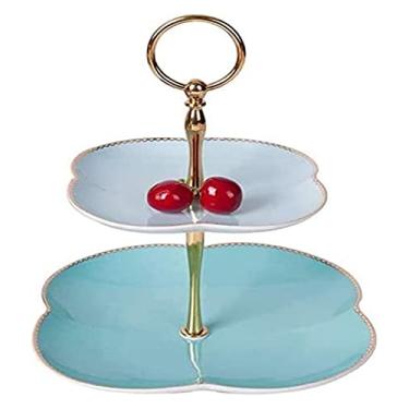 Imagem de YYBOES Suporte de frutas, três, camada dupla, cesta de frutas, cerâmica, moda, estilo EuropUPC, bandeja de frutas, mesa de café, bolo, prato de frutas secas, prato de frutas/prato azul