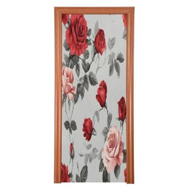 Imagem de Wassud Capa para porta, decoração de rosas grandes, 96 x 98 polegadas, faixa elástica para porta interna para varanda e porta da frente