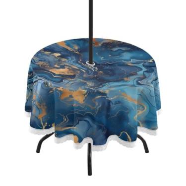 Imagem de CEBUGI Toalha de mesa redonda ao ar livre azul mármore impermeável com furo Umberlla toalha de mesa lavável para pátio, cozinha, sala de jantar 152 cm