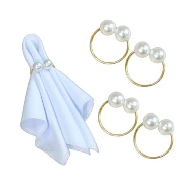 Imagem de Conjunto 4 Anéis para Guardanapo com Pérola Dupla Grande, Argola Dourada 4x3cm, Decoração Mesa Posta, Estilo Clássico Atemporal