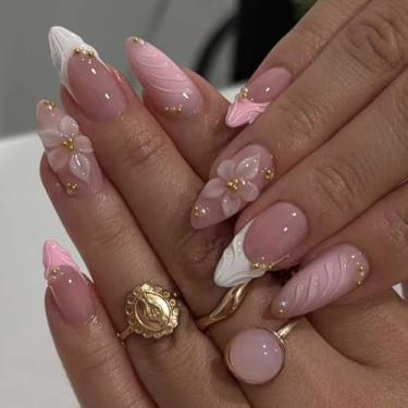 Imagem de 24 peças de unhas postiças médias rosa, unhas prensadas de amêndoa francesa com design de pérolas de flores 3D, unhas postiças com glitter de acrílico, cola removível na unha, unhas adesivas naturais