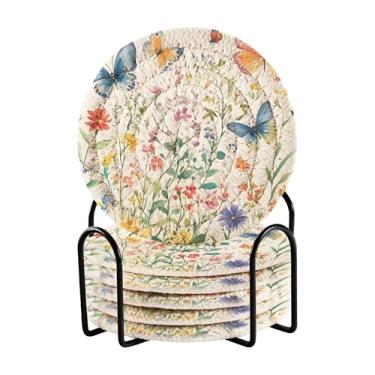 Imagem de SEHANY Elegante conjunto de 6 porta-copos de flores de borboleta com suporte, porta-copos redondos absorventes de algodão resistente ao calor para mesa de jantar, canecas de café, 10 cm