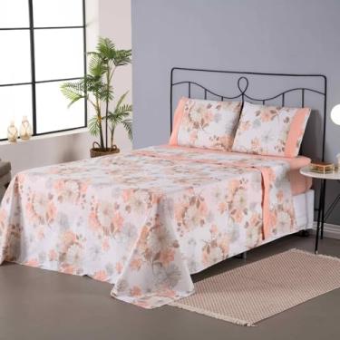 Imagem de Jogo de Lençol 4 Peças Casal Queen, Estampado, Percal 180 Fios, 80% Algodão 20% Poliéster, Lençol Superior, Lençol com Elástico, 2 Fronhas (Salmão)