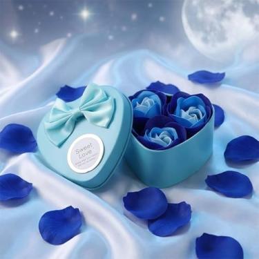 Imagem de Conjunto de 3 sabonetes de dia dos namorados, sabonete de pétala de rosa perfumado de coração, presente essencial de plantas para ela, mulheres, meninas, mães, aniversários, Natal (azul)