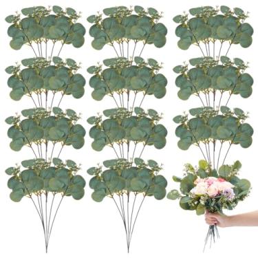 Imagem de AHANDMAKER 80 peças de folhas artificiais de eucalipto, folhas ovais de eucalipto de tecido de seda com hastes de plástico, ramos de vegetação sintética para casa, escritório, vaso de festa, mesa de