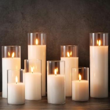 Imagem de Shihanee Conjunto de 4 velas de pilar e vasos cilíndricos de vidro, 6 tamanhos, suportes de cilindro altos transparentes para velas de pilar, decoração de mesa de casa (tamanhos sortidos, branco)