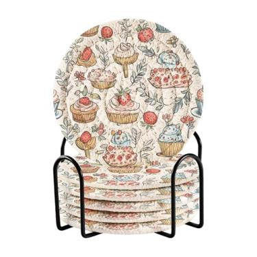 Imagem de SEHANY Conjunto de 6 porta-copos de sobremesa fofos com suporte, porta-copos redondos absorventes de algodão resistente ao calor para mesa de jantar, canecas de café, proteção de copos, 10 cm