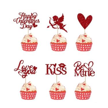 Imagem de 12 Pack Valentine's Day Cupcake Toppers, Red Glitter Heart Cupid Cupcake Picks for Wedding Bridal Shower Party Cake Decorations