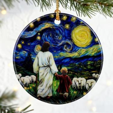 Imagem de Ornamento de Jesus com criança, enfeite de noite estrelada, enfeites de Natal, decorações de árvore de Natal, decoração de casa cristã, presentes cristãos, presentes religiosos para ela ou ele, troca