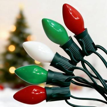 Imagem de Oviejo C7 Luzes de Natal multicoloridas, 25 pés C7 vermelho/verde/branco luzes vintage 27 lâmpadas incandescentes multicoloridas, para decoração de árvore de Natal/festas de fim de ano