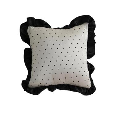 Imagem de Minoki Capa de almofada de seda de bolinhas pretas 45 x 45 cm, fronha branca com acabamento em renda preta e design de babados, capa de almofada de casa de campo para decoração rústica de sala de