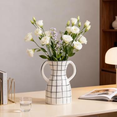 Imagem de Vaso de cerâmica xadrez preto e branco com alças, vaso de flores decorativo para sala de jantar, mesa de centro, vaso de boca larga para grama dos pampas, peitoril da janela, sala de estar, cozinha