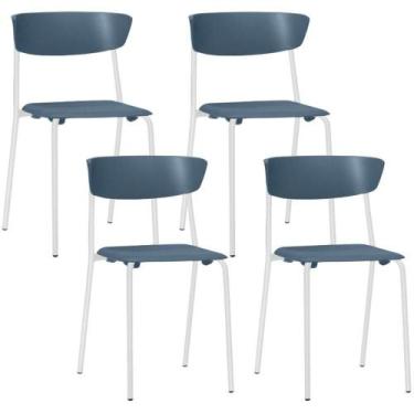 Imagem de Kit 04 Cadeiras Empilhável Fixa Atom F02 Base Aço Branco Azul - Lyam D