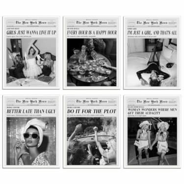 Imagem de Conjunto de 6 arte de parede de jornal feminista – pôster retrô preto e branco para dormitório, estampas de vaidade, despedida de solteira ou decoração moderna de quarto 30,5 x 40,6 cm sem moldura