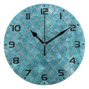 Imagem de JUZIHAI Relógio de parede com mosaico de cerâmica turquesa, silencioso, sem tique-taque, redondo, operado por bateria, fácil de ler, relógio decorativo de parede para casa, cozinha, sala de estar