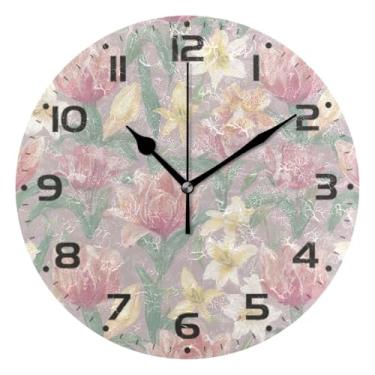 Imagem de JUZIHAI Relógio de parede com padrão de flores, silencioso, redondo, sem tique-taque, operado por bateria, fácil de ler, relógio decorativo de parede para casa, cozinha, sala de estar, quarto