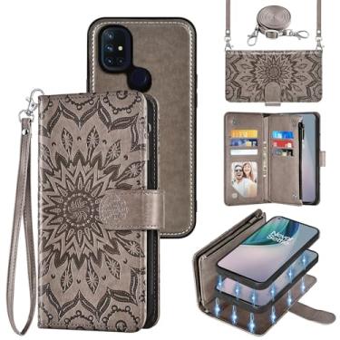 Imagem de Capa de celular para OnePlus Nord N10 5G Carteira com zíper magnética destacável com protetor de tela transversal alça flip porta-cartões One Plus N 10 G5 1 Plus 10N 1plus One+ 1+ N105G cinza