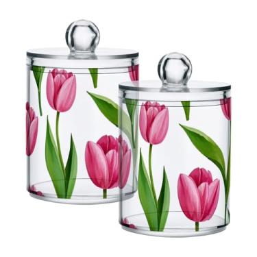 Imagem de Qilmy Qtip Suporte de boticário de plástico transparente de 400 ml, para planta de flor de tulipa rosa, com tampa, dispensador de recipiente de banheiro para bola de algodão, cotonete, fio dental