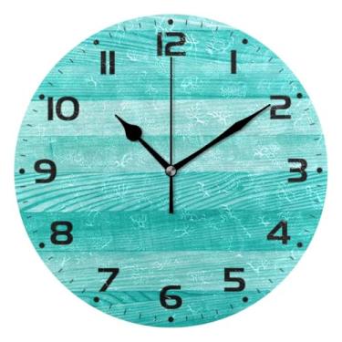 Imagem de JUZIHAI Relógio de parede de madeira turquesa, silencioso, sem tique-taque, relógios de parede redondos operados por bateria, fácil de ler, relógio decorativo de parede para casa, cozinha, sala de