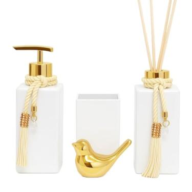 Imagem de Kit Lavabo Completo Branco com Difusor Aromático, Saboneteira, Vaso Quadrado, Mini Passarinho e Bandeja Meia-Lua(DOURADA)