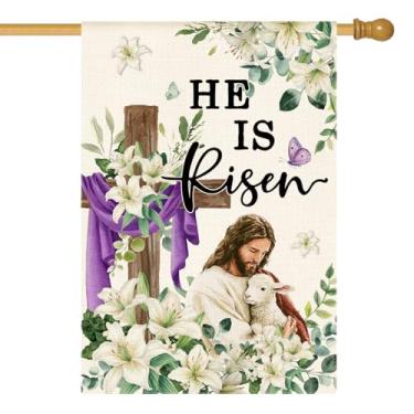 Imagem de AVOIN colorlife Bandeira da casa de Páscoa He Is Risen 71 x 101 cm dupla face externa, cruz de cordeiro de Jesus e flores de lírio bandeira externa