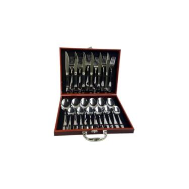 Imagem de Conjunto de Talheres 24 Peças em Aço Inoxidável com Maleta Marrom, Acabamento Espelhado, 6 Colheres de Mesa, 6 Garfos, 6 Facas, 6 Colheres de Sobremesa