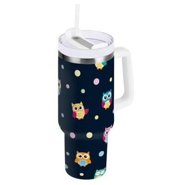 Imagem de Copo grande à prova de derramamento com palha, bonito copo de aço inoxidável isolado preto coruja com alça e canudo