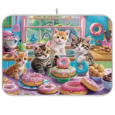 Imagem de Kitten Donuts, tapetes de secagem de louça, rosa, 45,7 x 61 cm, tapete de escorredor de pratos reversível para decoração de bancada de cozinha