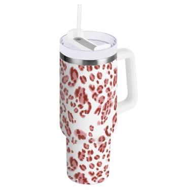 Imagem de ODAWA Copo de aço inoxidável isolado grande com alça e tampa de palha, copo de café de viagem com estampa de leopardo abstrata