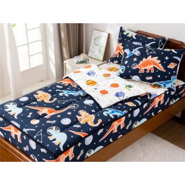 Imagem de NTBED Jogo de cama solteiro com zíper de dinossauro espacial leve que brilha no escuro com lençol de elástico, azul marinho