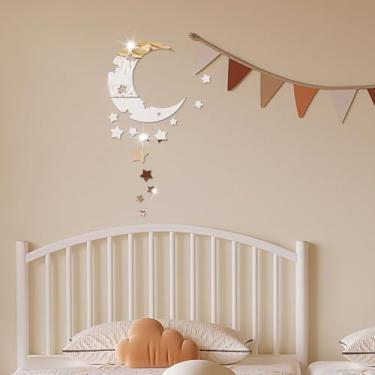 Imagem de 4 peças 3D lua lua estrela espelho decoração de parede, estrela faça você mesmo, adesivos decorativos autoadesivos adesivos para crianças, berçário, sala de estar, quarto, quarto infantil, sala de