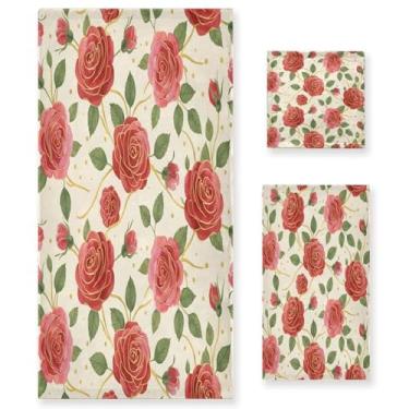Imagem de Wassud Red Roses Conjunto de 3 toalhas de banho para dia dos namorados, toalhas super macias e absorventes para banheiro, toalhas de banho de secagem rápida, toalha de banho para academia, spa, hotel
