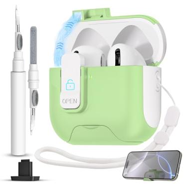 Imagem de Capa para AirPods 4 com trava segura, trava magnética automática com função de suporte de telefone, kit de limpeza de capa protetora rígida à prova de choque para Apple AirPod capa de 4ª geração 2024