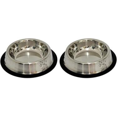 Imagem de Kit 2 Potes Comedouro e Bebedouro Cães e Gatos Em Inox Anti Derrapante Patas Relevo (25x25x7)