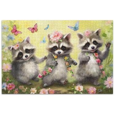 Imagem de Quebra-cabeças para adultos com flores de guaxinins fofos, 500 peças, presentes de elefante branco, engraçados, divertidos e divertidos, pintura artística