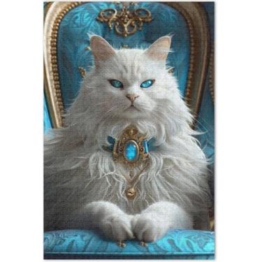 Imagem de Gato branco em uma cadeira azul chique com quebra-cabeça 1000 peças adultos flor estampa animal quebra-cabeça jogos presentes